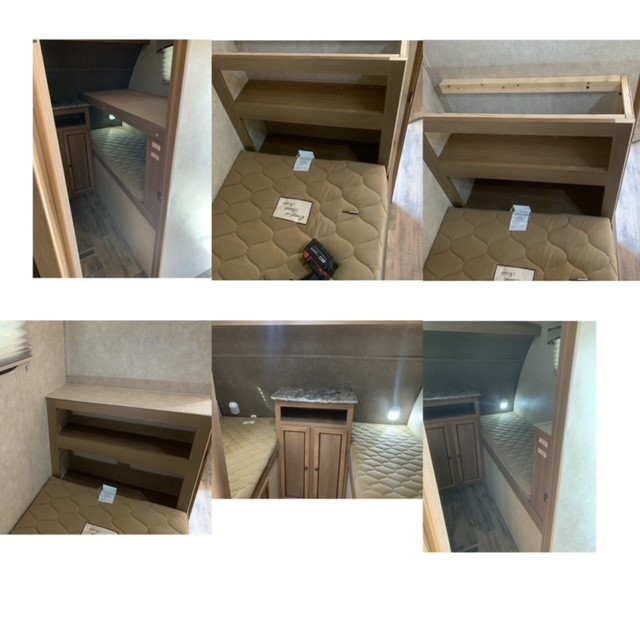 RV interior cabinetry and shelving repair and installation shown from multiple angles